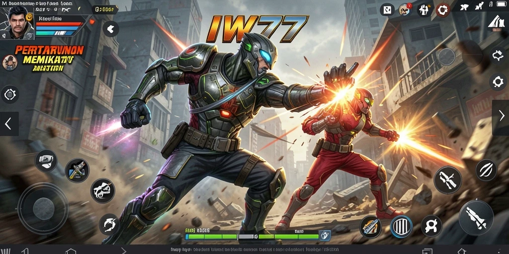Screenshot IW777 menampilkan pertarungan seru antara karakter di latar yang mendebarkan.