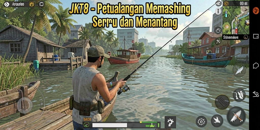 Tampilan gameplay JKT8 dengan aksi memancing yang seru dan realistik.