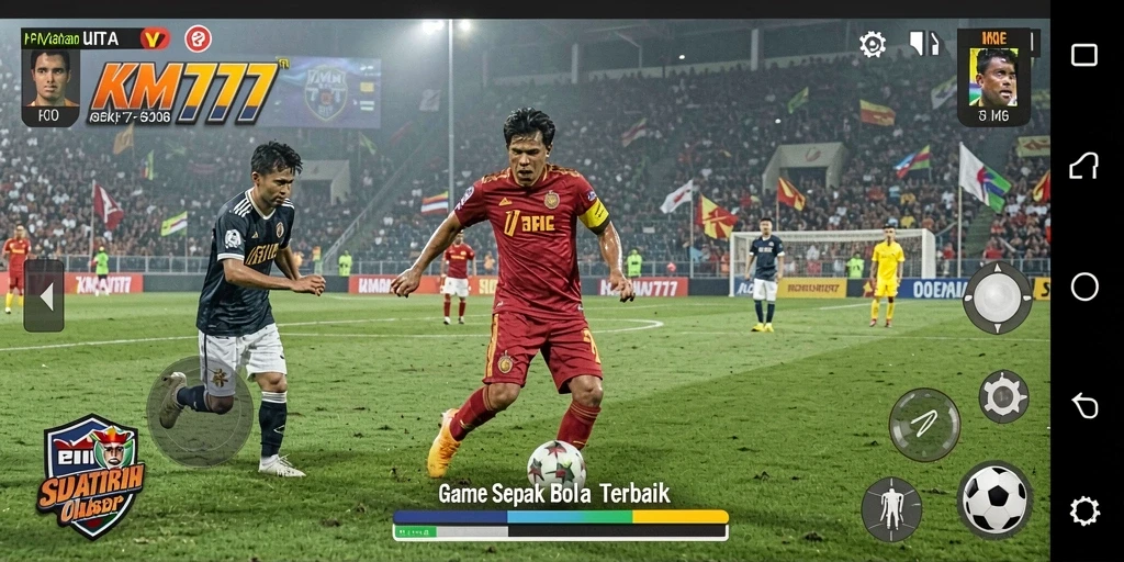 Screenshot gameplay KM777 yang menampilkan aksi sepak bola yang mendebarkan.
