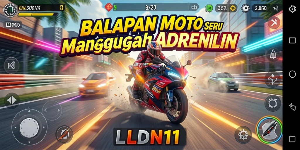Screenshot gameplay LDN11 yang menampilkan balapan motor yang cepat dan mendebarkan.